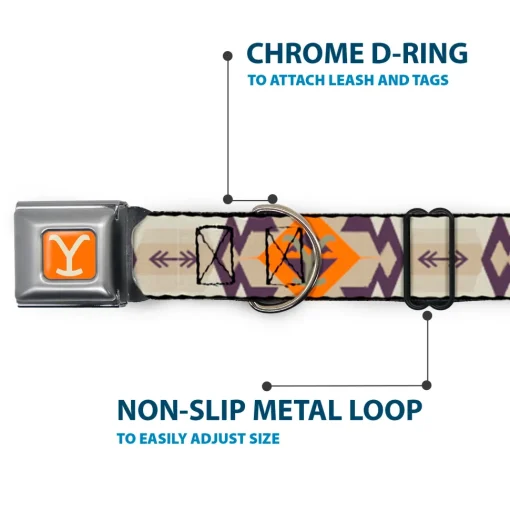 Yellowstone Y Logo Weathered Full Color Orange/Beige Seatbelt Buckle Collar - Yellowstone Y Logo Native American Tribal Tans/Blue/Orange